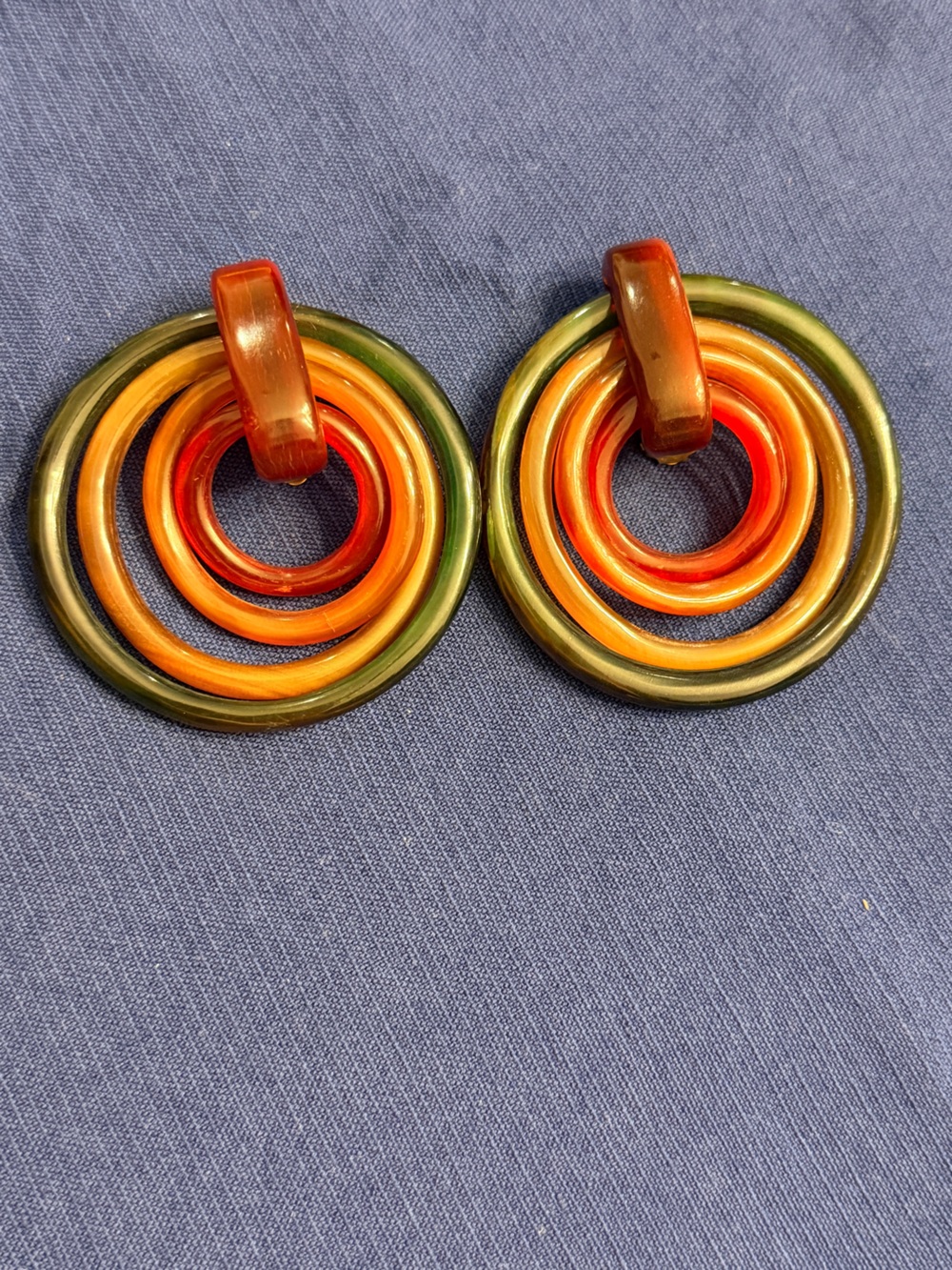Handcrafted Multicolor Ring Plastic Clipon Earrings - Orange and Green